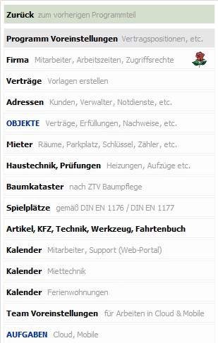 Hausmeister Software WAIOX Programm-Menü